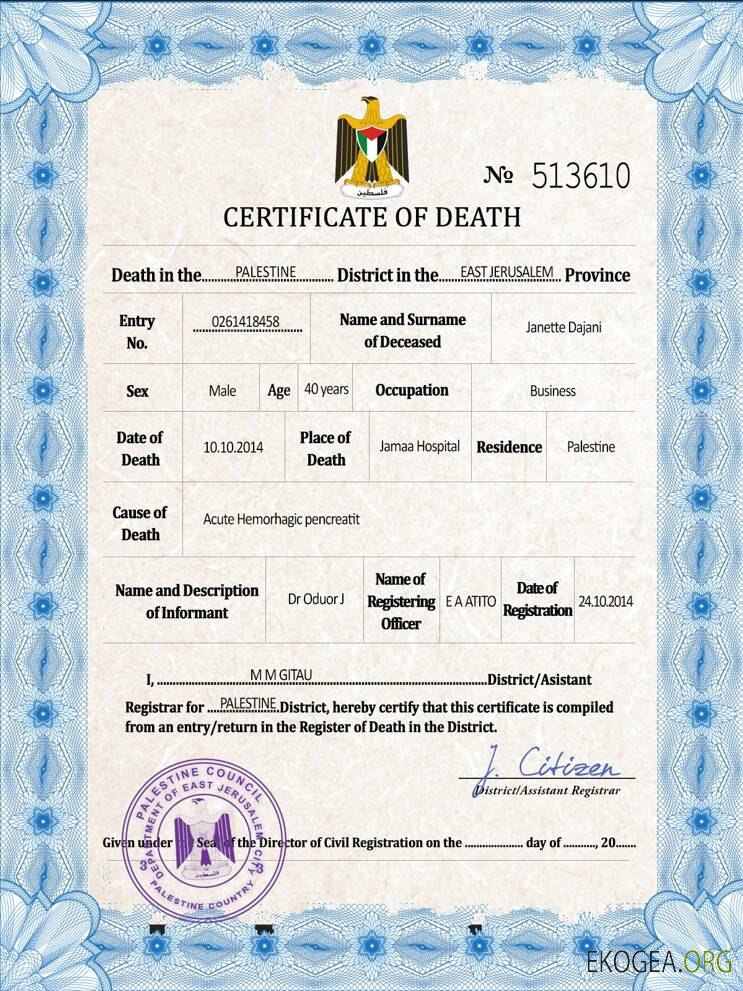 Modèle PSD de certificat de décès de l'état civil de la Palestine